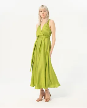 724- V Neck Satin Sleeveless Midi Dress- Lime Green- Surkana