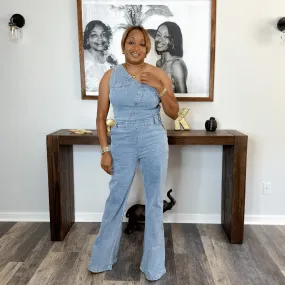 'Alara' One Shoulder Denim Jumpsuit