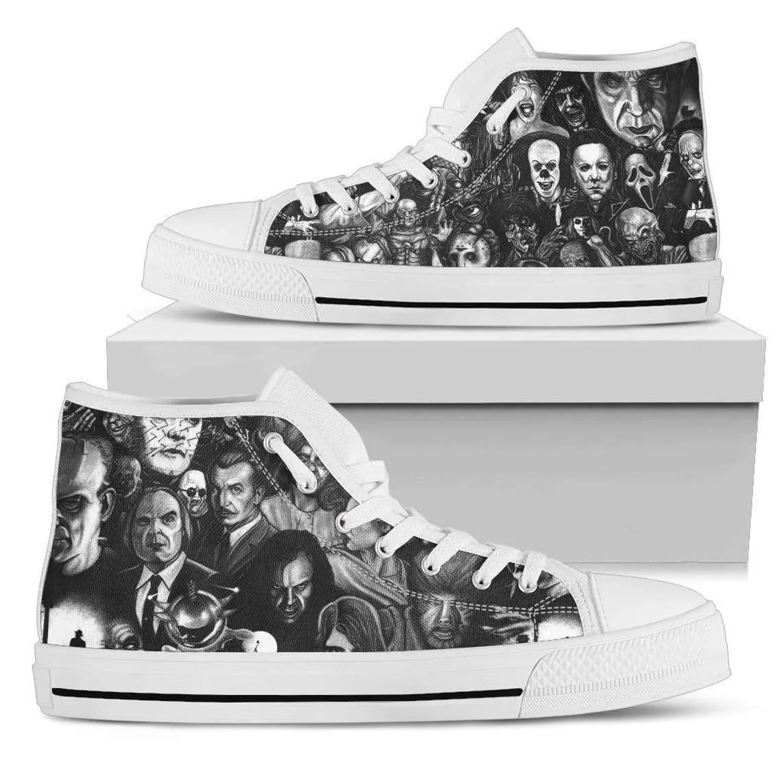 Black and White Horror Movie Characters Printed Sneakers Canvas High Top Shoes