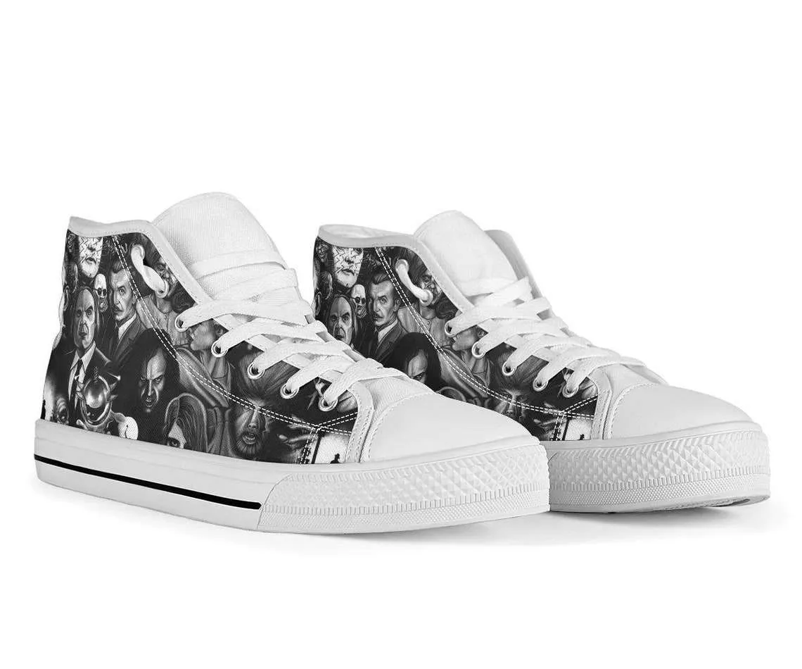 Black and White Horror Movie Characters Printed Sneakers Canvas High Top Shoes