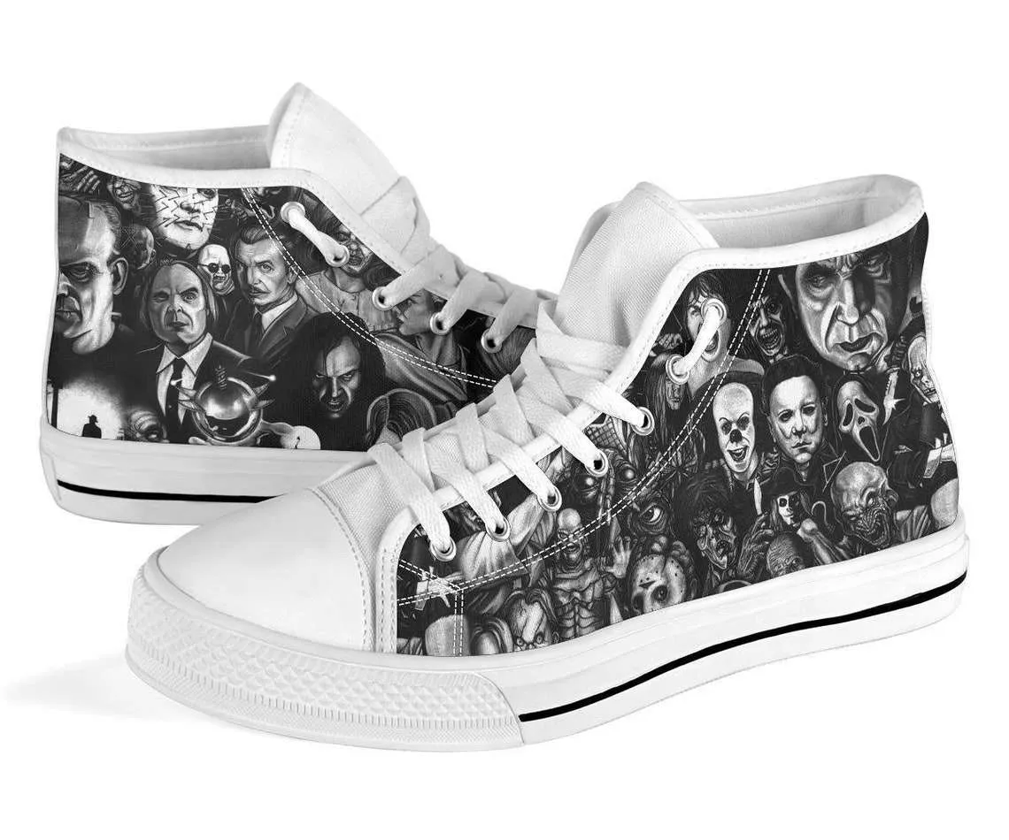 Black and White Horror Movie Characters Printed Sneakers Canvas High Top Shoes