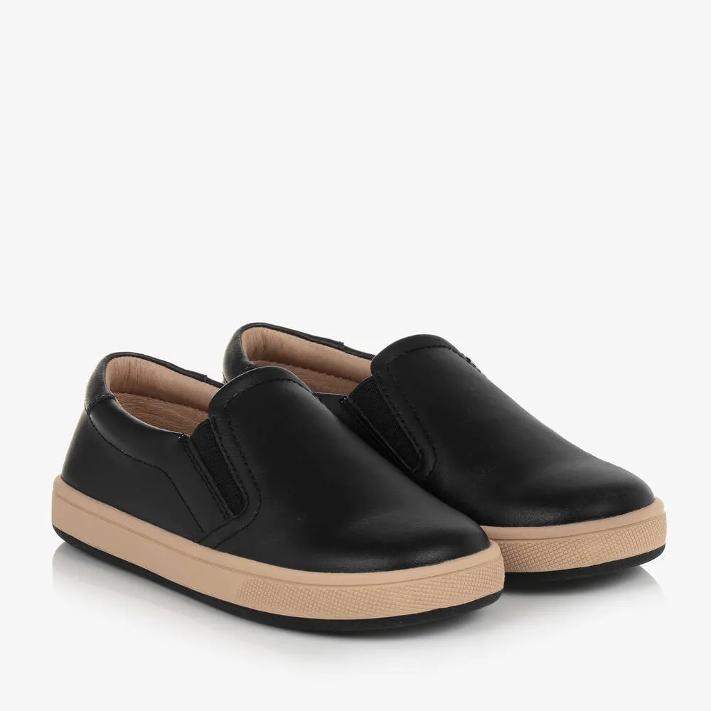 Boys Black Leather Slip-On Trainers