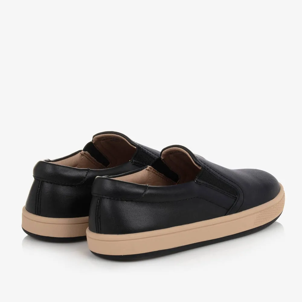 Boys Black Leather Slip-On Trainers