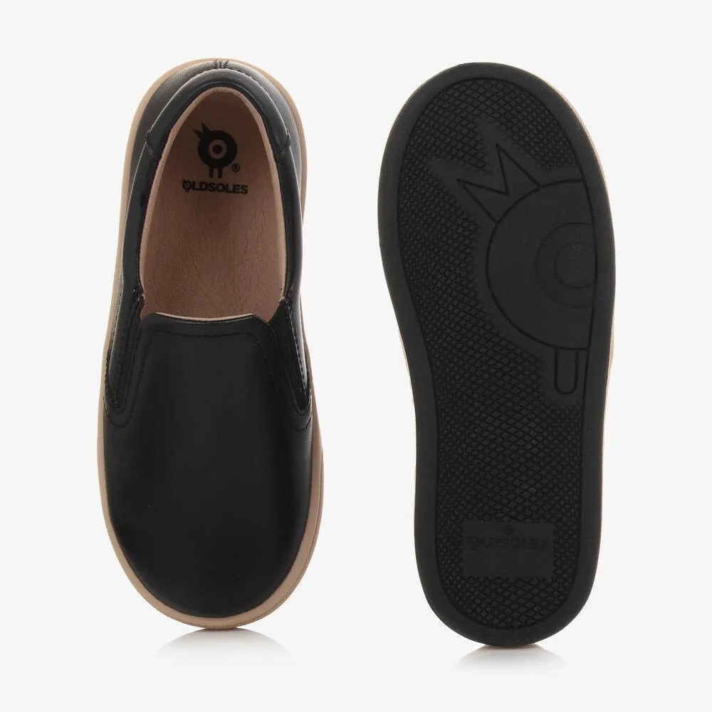 Boys Black Leather Slip-On Trainers