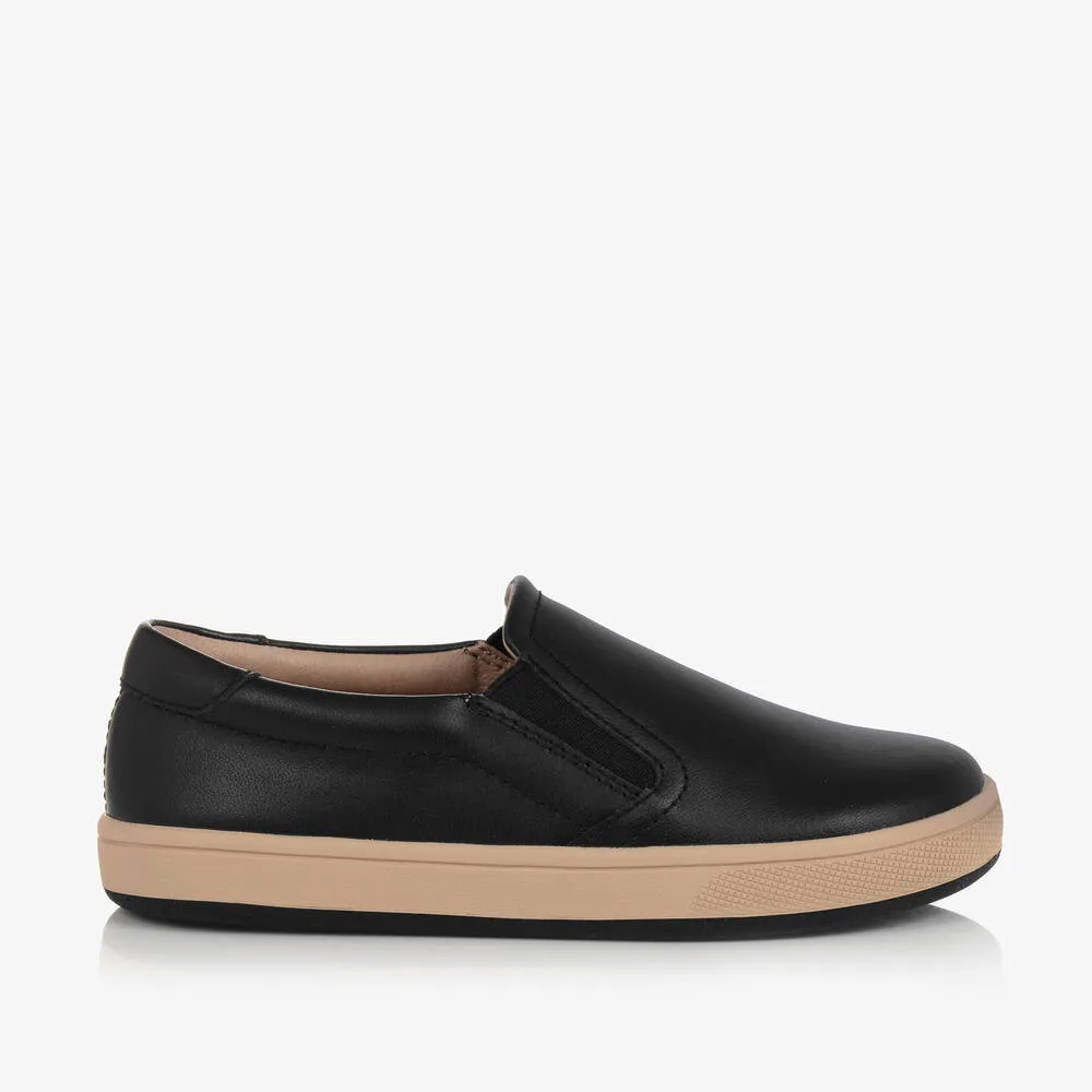 Boys Black Leather Slip-On Trainers