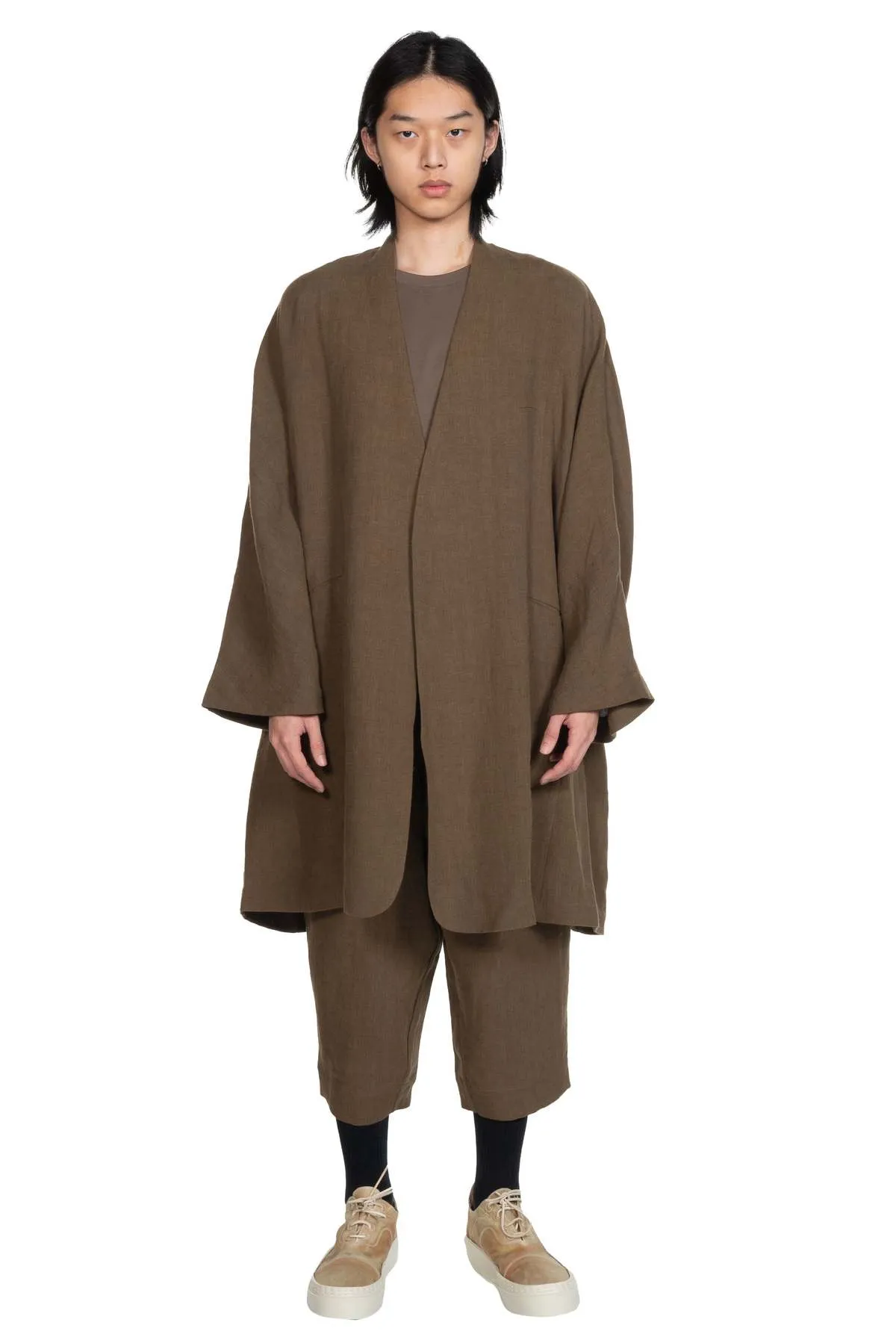 Collarless Long Coat - Olive Green