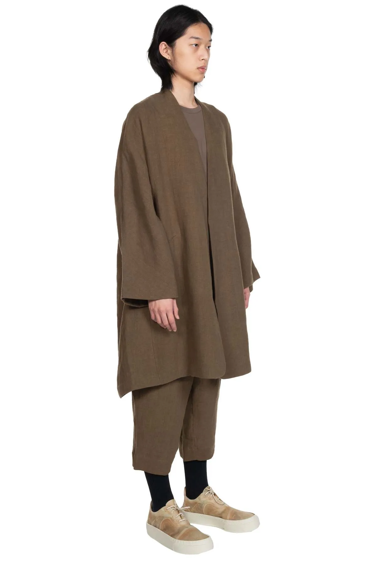 Collarless Long Coat - Olive Green