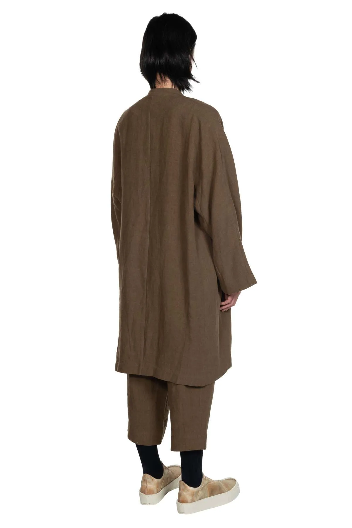 Collarless Long Coat - Olive Green