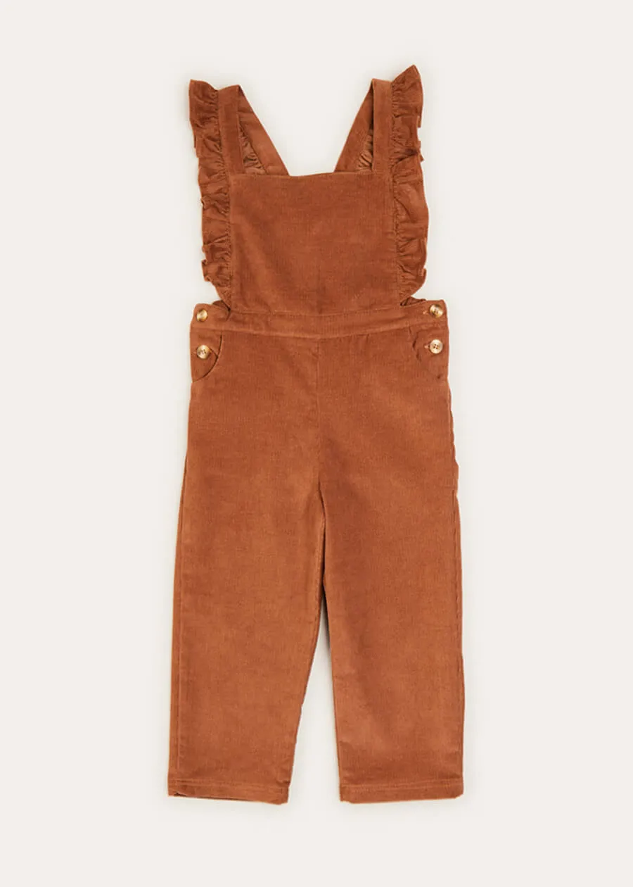 Corduroy Ruffle Detail Long Dungarees In Brown (4-10yrs)