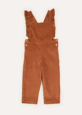 Corduroy Ruffle Detail Long Dungarees In Brown (4-10yrs)