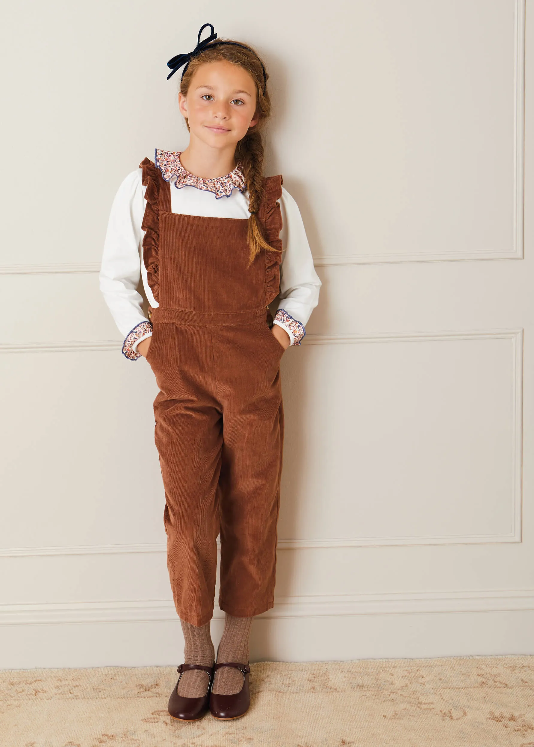 Corduroy Ruffle Detail Long Dungarees In Brown (4-10yrs)