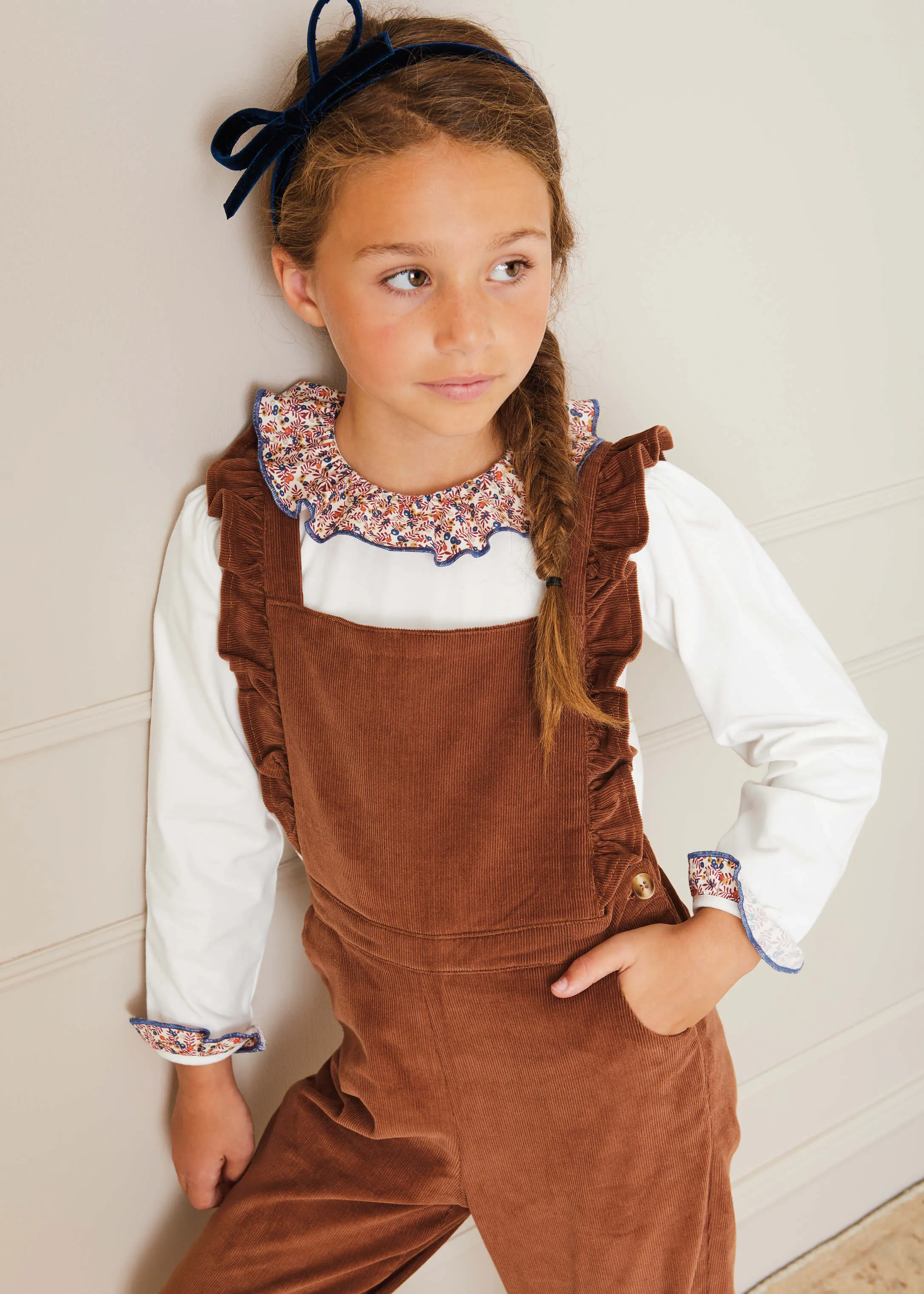 Corduroy Ruffle Detail Long Dungarees In Brown (4-10yrs)