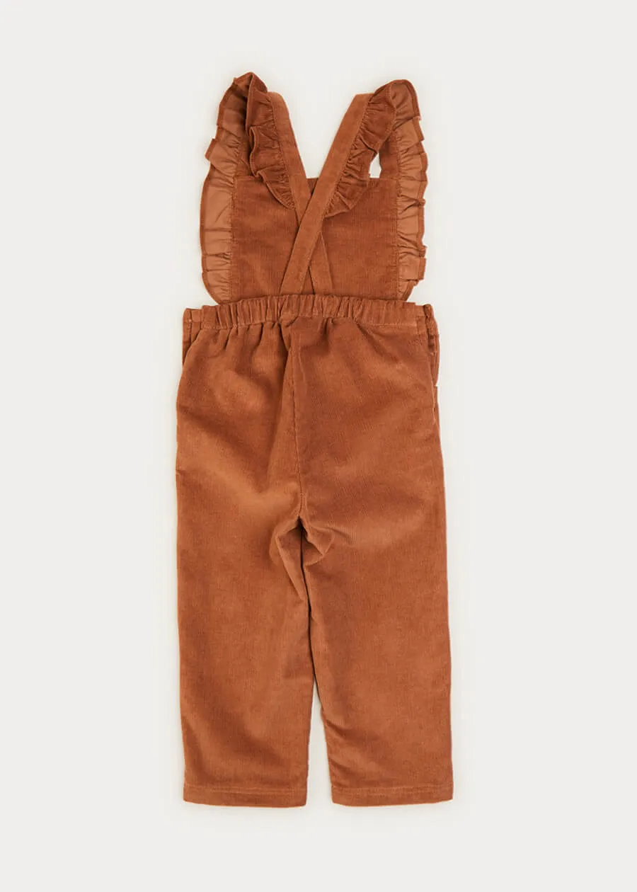 Corduroy Ruffle Detail Long Dungarees In Brown (4-10yrs)