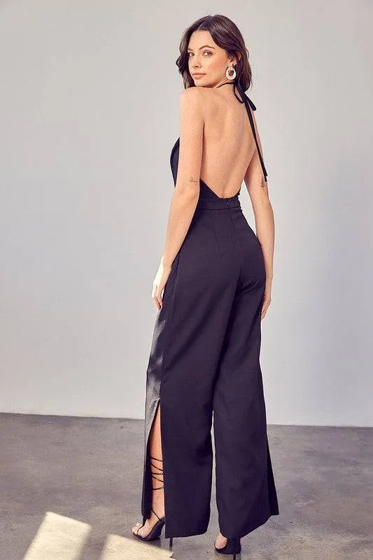 DEEP V NECK WIDE LEG JUMPSUIT