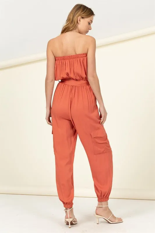 FLAP POCKET SIDE BELTED TUBE JUMPSUIT