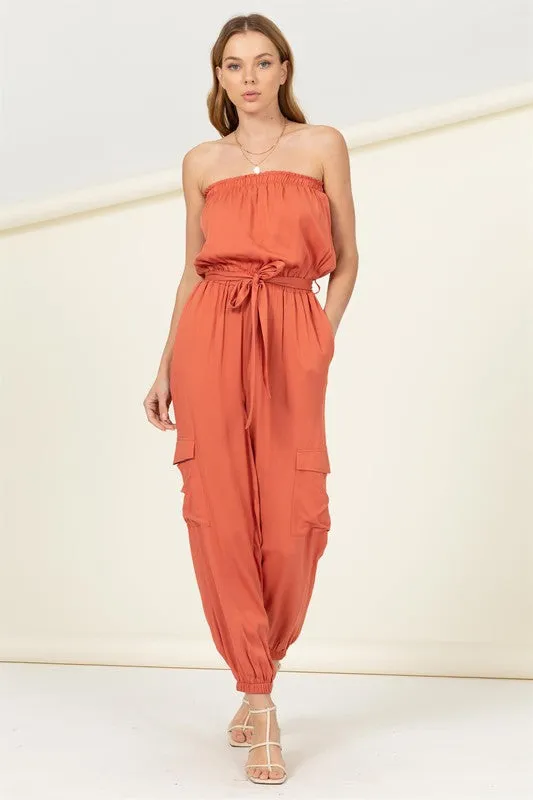 FLAP POCKET SIDE BELTED TUBE JUMPSUIT