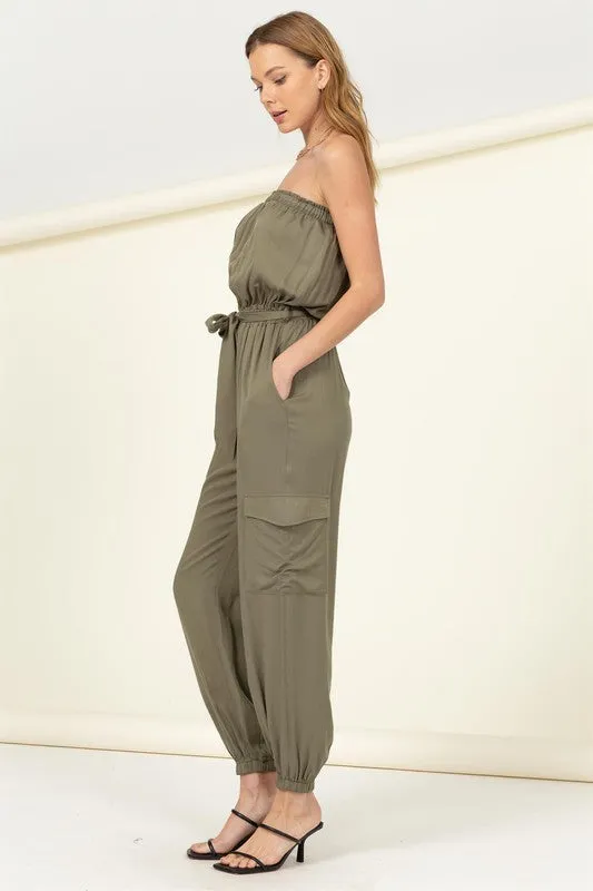 FLAP POCKET SIDE BELTED TUBE JUMPSUIT