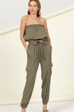 FLAP POCKET SIDE BELTED TUBE JUMPSUIT