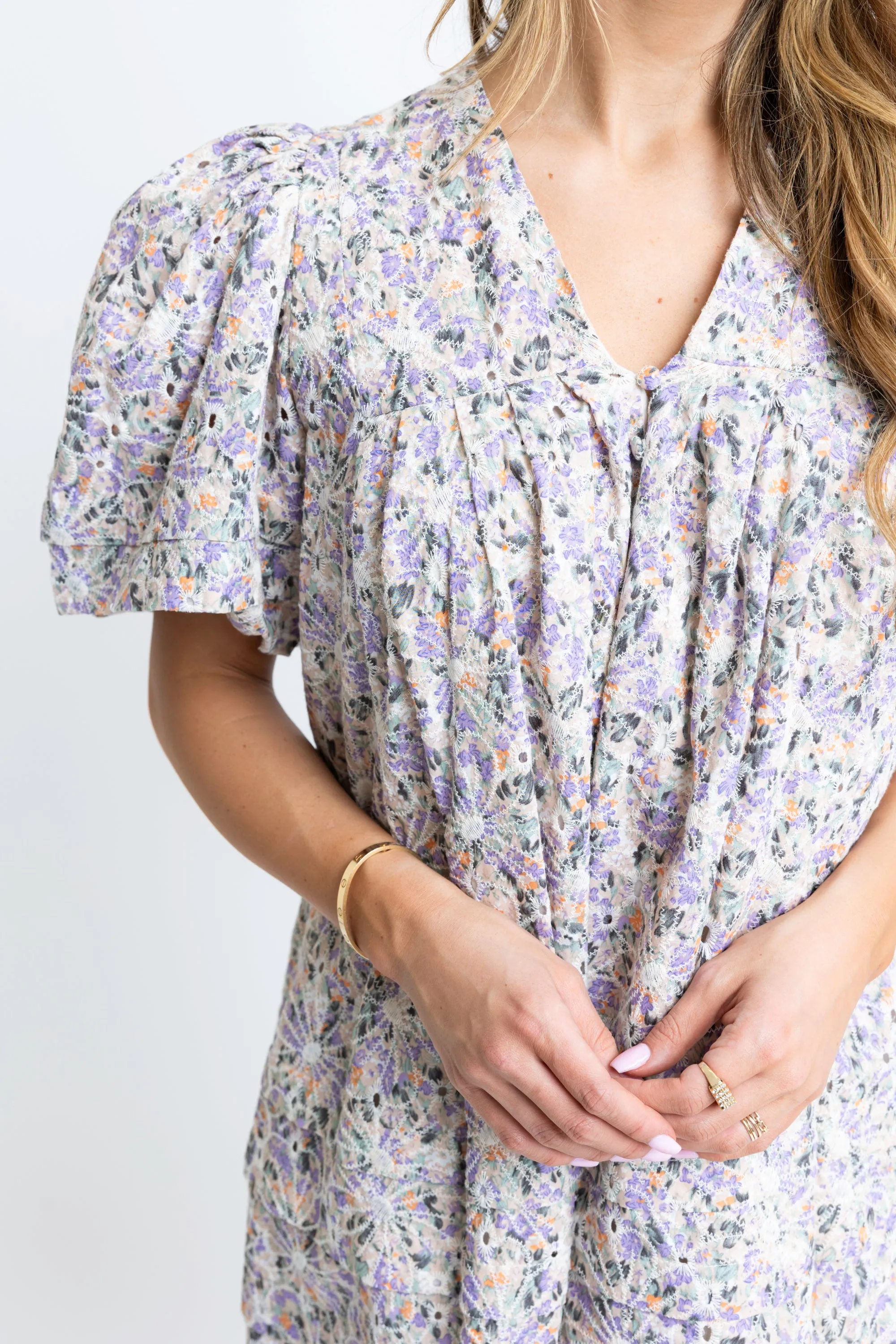 Floral Embroidered Vneck Dress