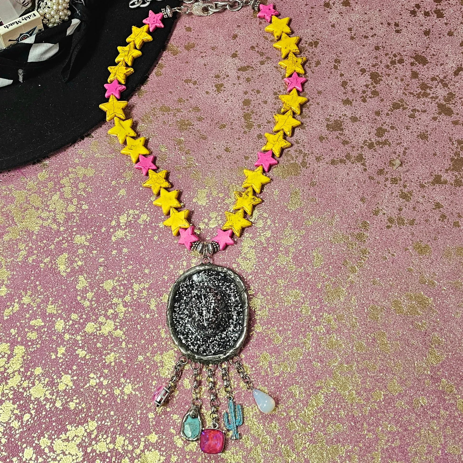 JCoon Black Cowboy Hat Yellow Pink Star Necklace