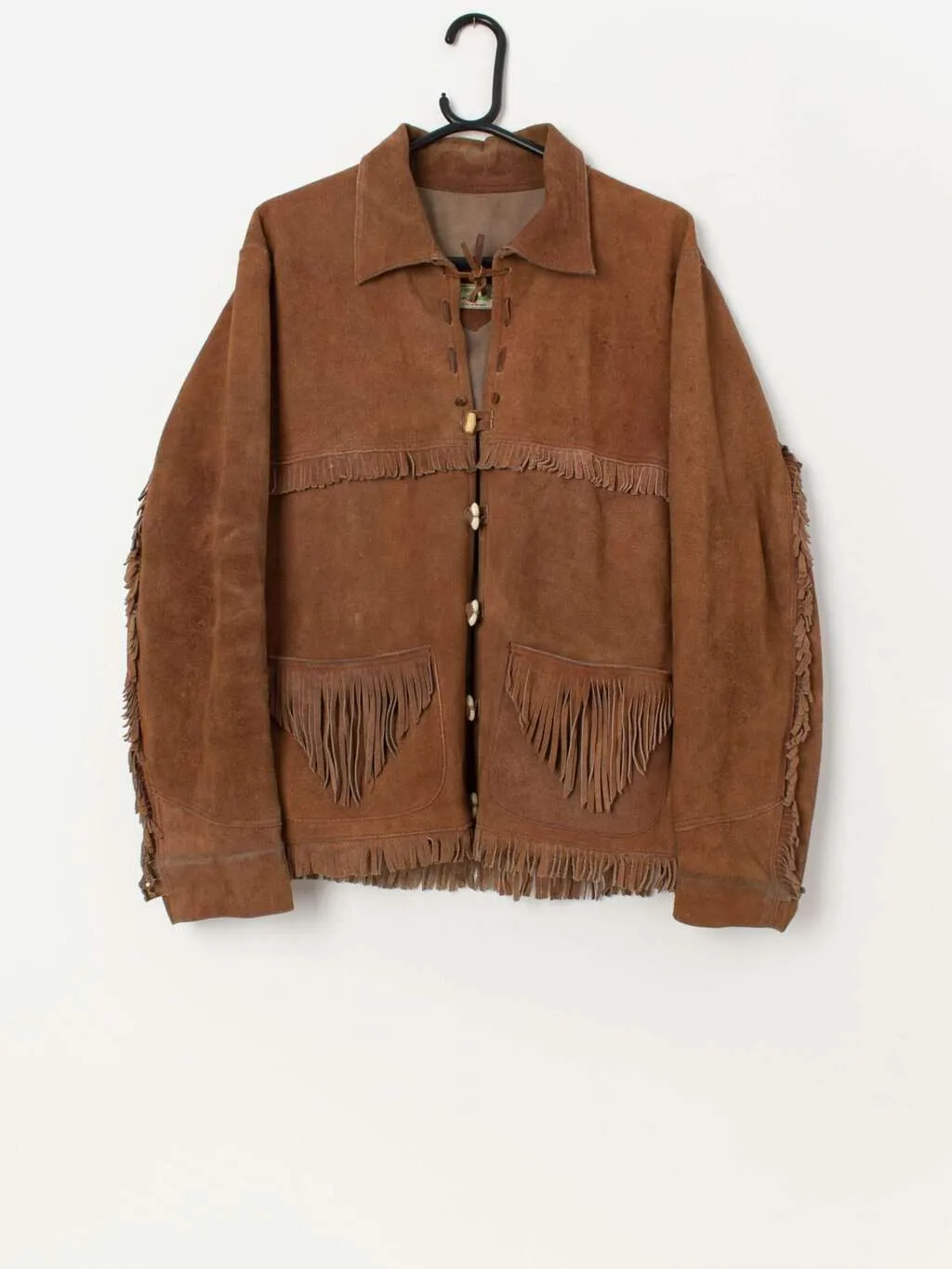 Men’s 70s vintage suede fringed jacket in brown, made in Mexico – Medium