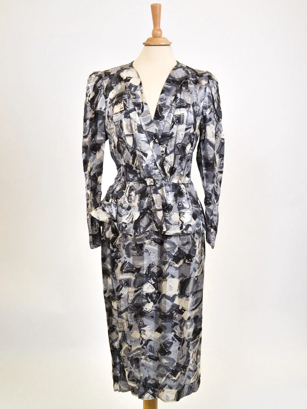 Patterned dress in shades of gray, 80s