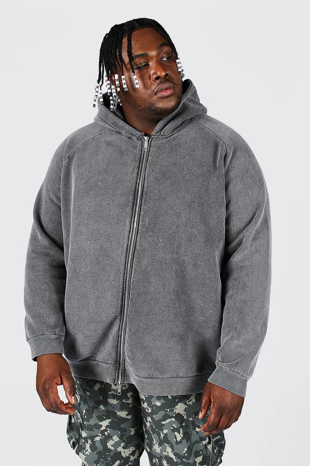 Plus Size Heavyweight Washed Raglan Zip Hood | boohooMAN UK