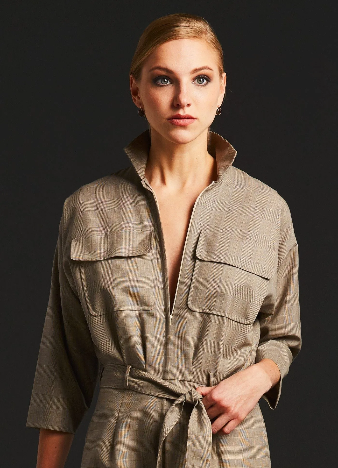 Taupe Cool Wool Plaid Jumpsuit