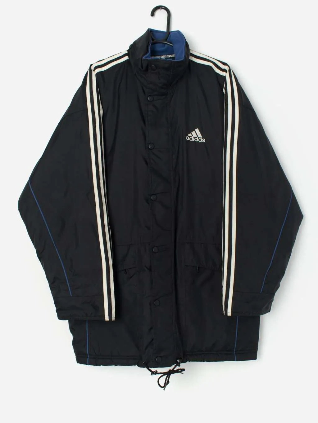 Vintage Adidas padded jacket in black, blue and white – Large / XL